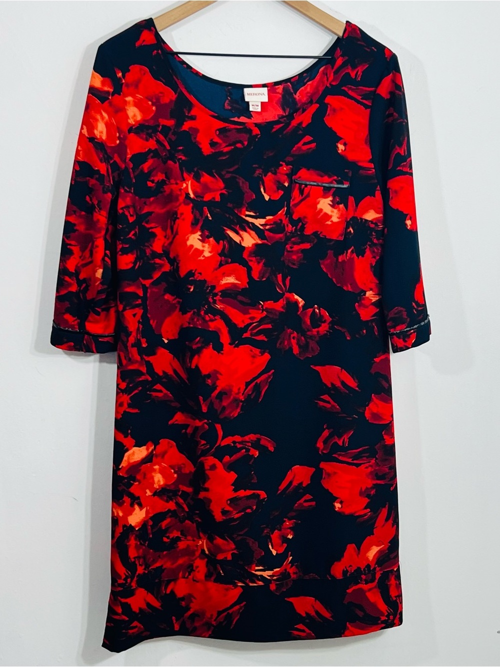 Merona Navy Orange Red Shift Dress 3/4 Sleeve Lightweight Scoop Neck Sz M